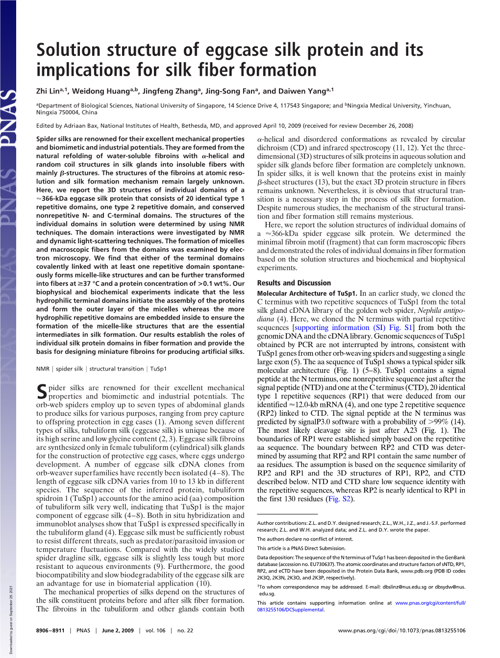 Solution Structure of Eggcase Silk Protein and Its Implications for Silk Fiber Formation