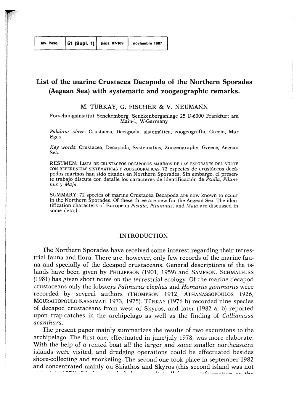 List of the Marine Crustacea Decapoda of the Northern Sporades (Aegean Sea) with Systematic and Zoogeographic Remarks