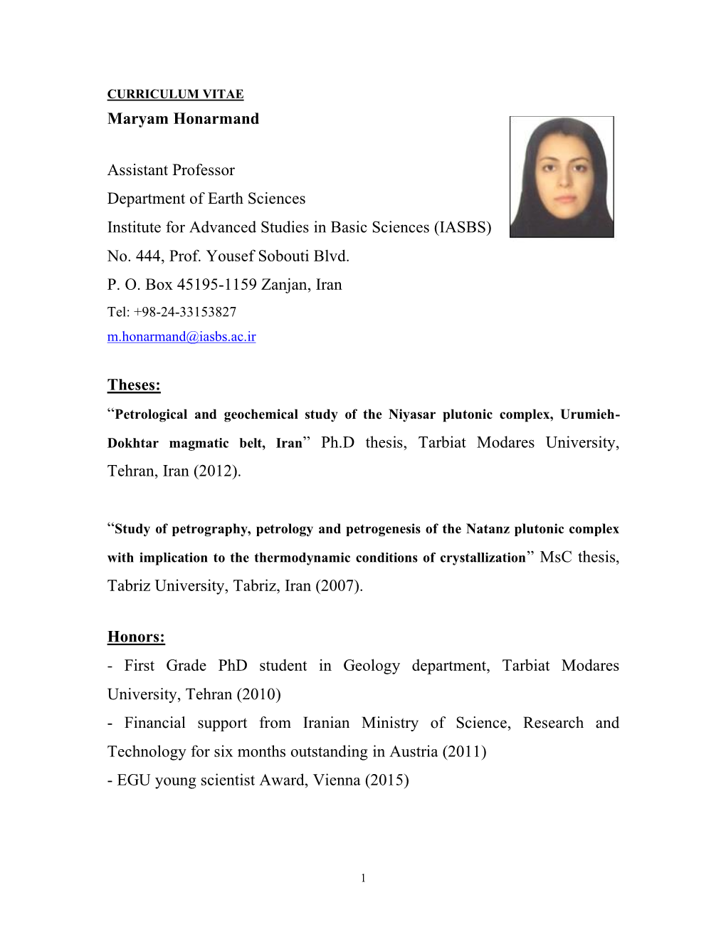 CURRICULUM VITAE Maryam Honarmand