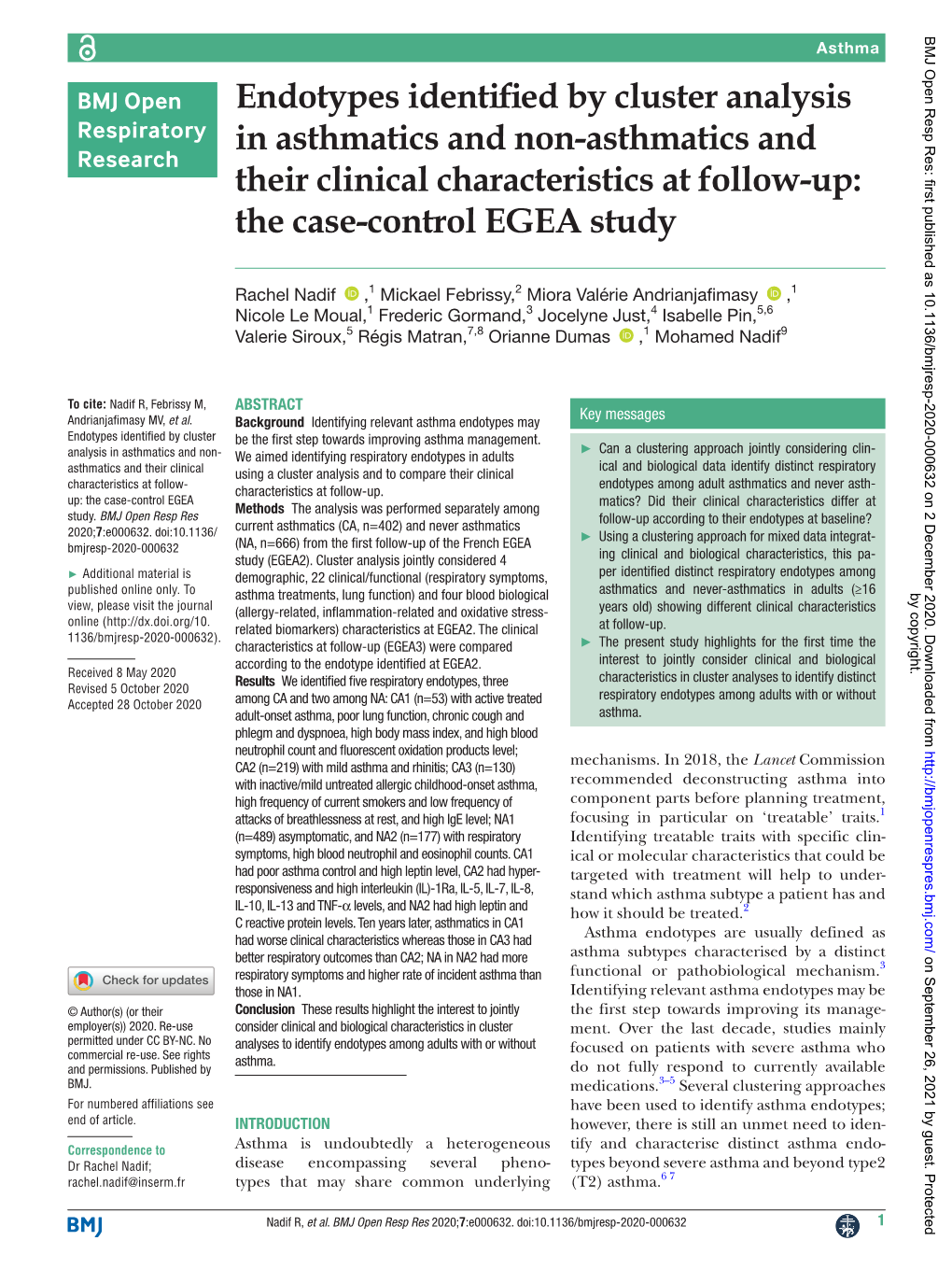 Endotypes Identified by Cluster Analysis in Asthmatics and Non-Asthmatics­ and Their Clinical Characteristics at Follow-­Up: the Case-­Control EGEA Study