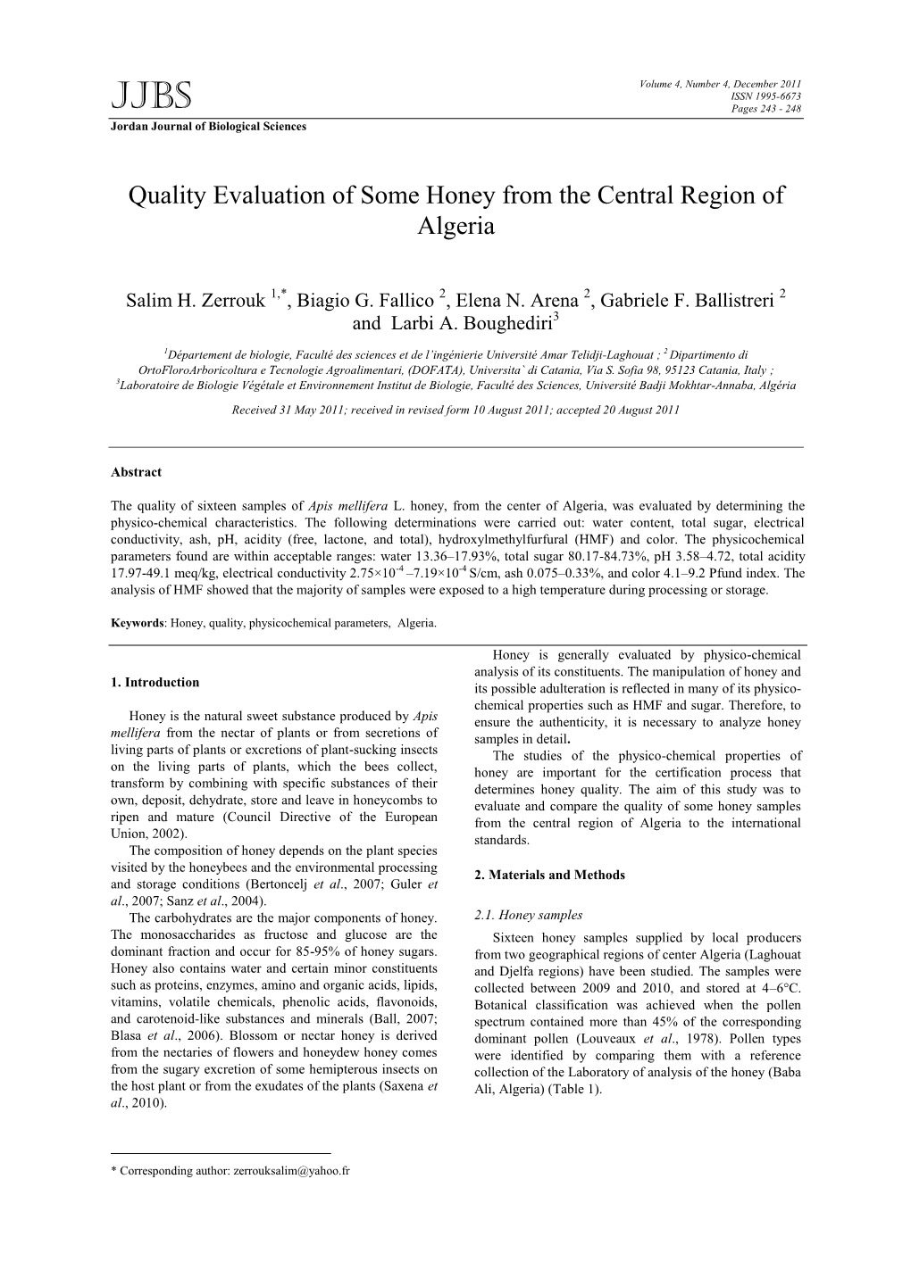 Quality Evaluation of Some Honey from the Central Region of Algeria