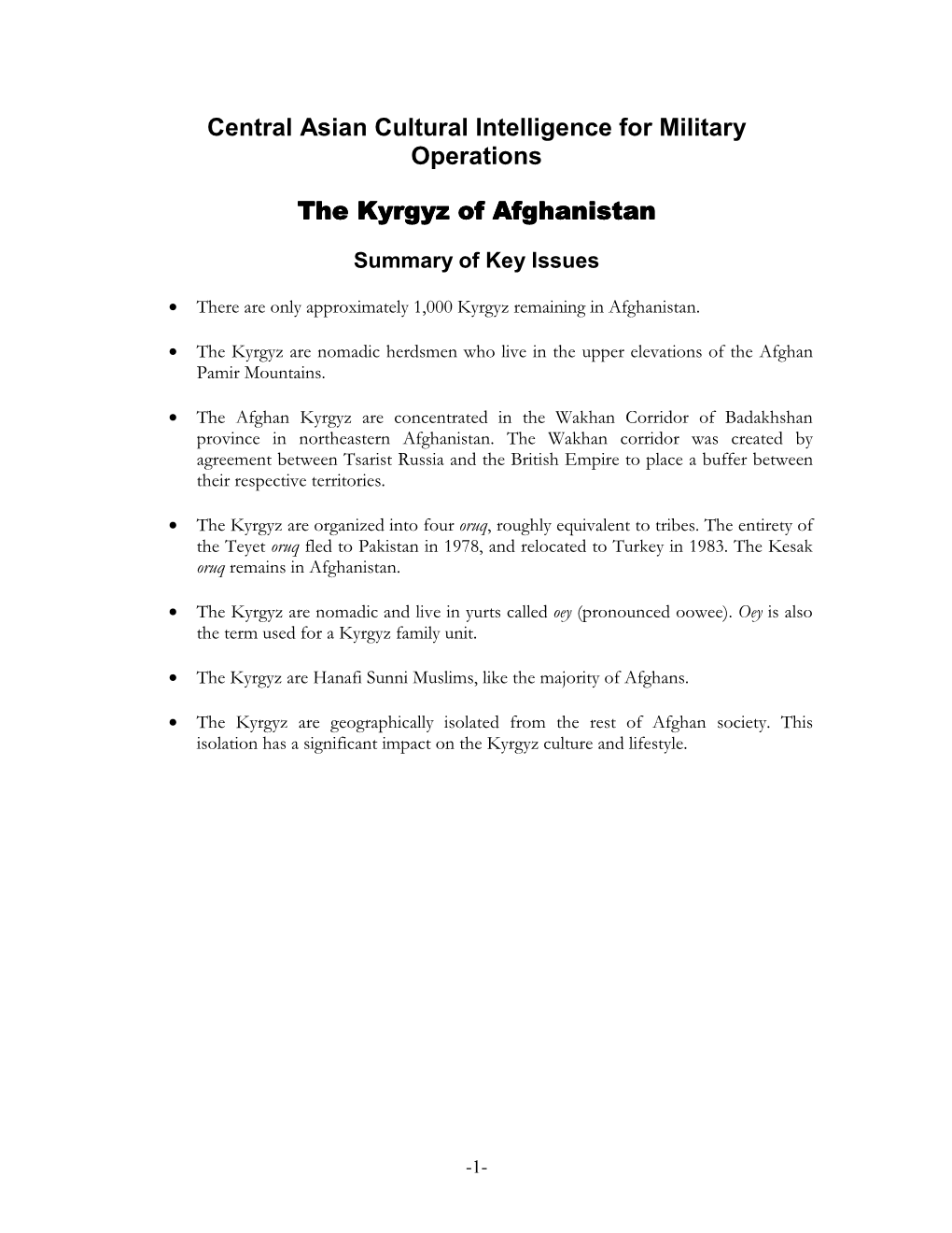 Central Asian Cultural Intelligence for Military Operations the Kyrgyz Of