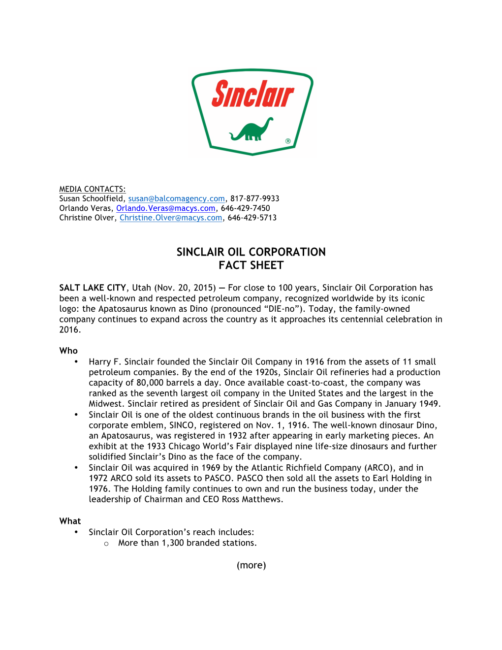 Download the Sinclair Oil Corporation Fact Sheet