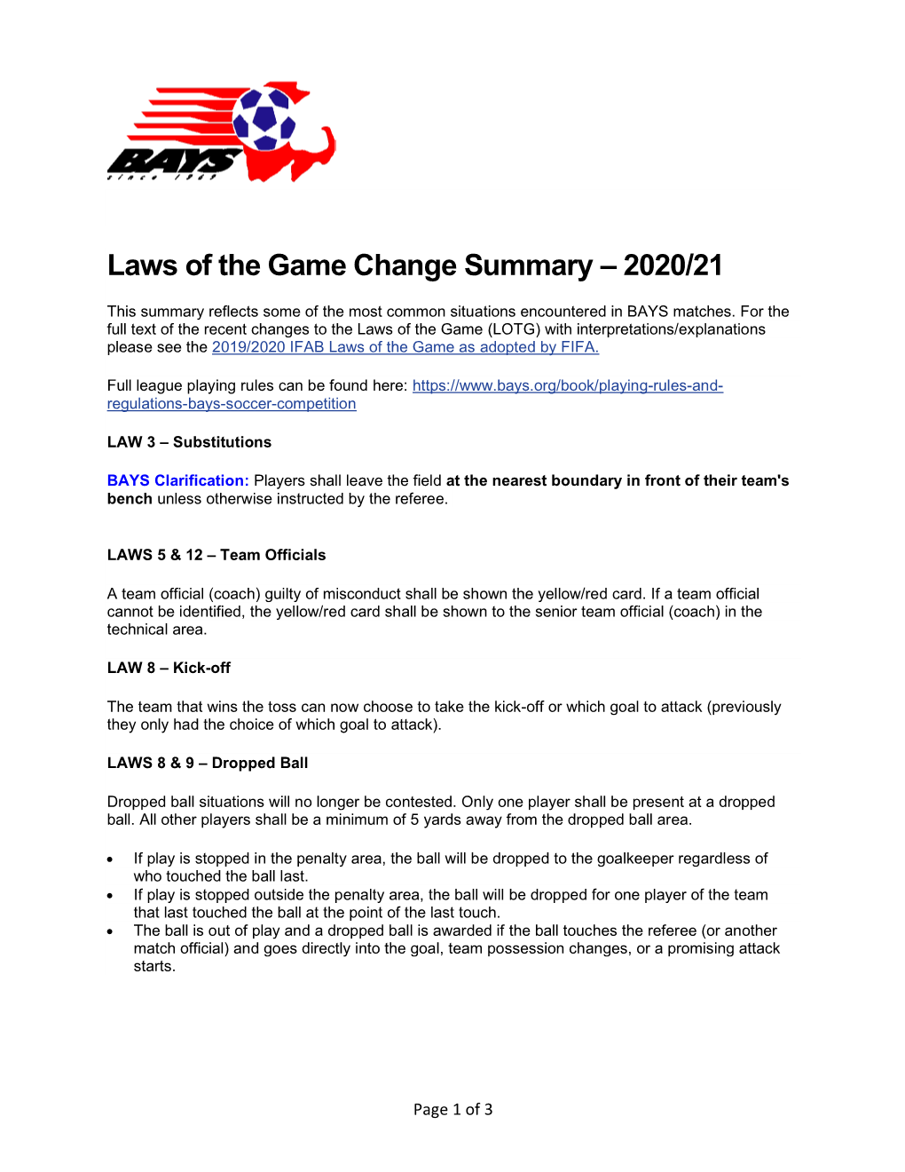 Laws of the Game Change Summary – 2020/21