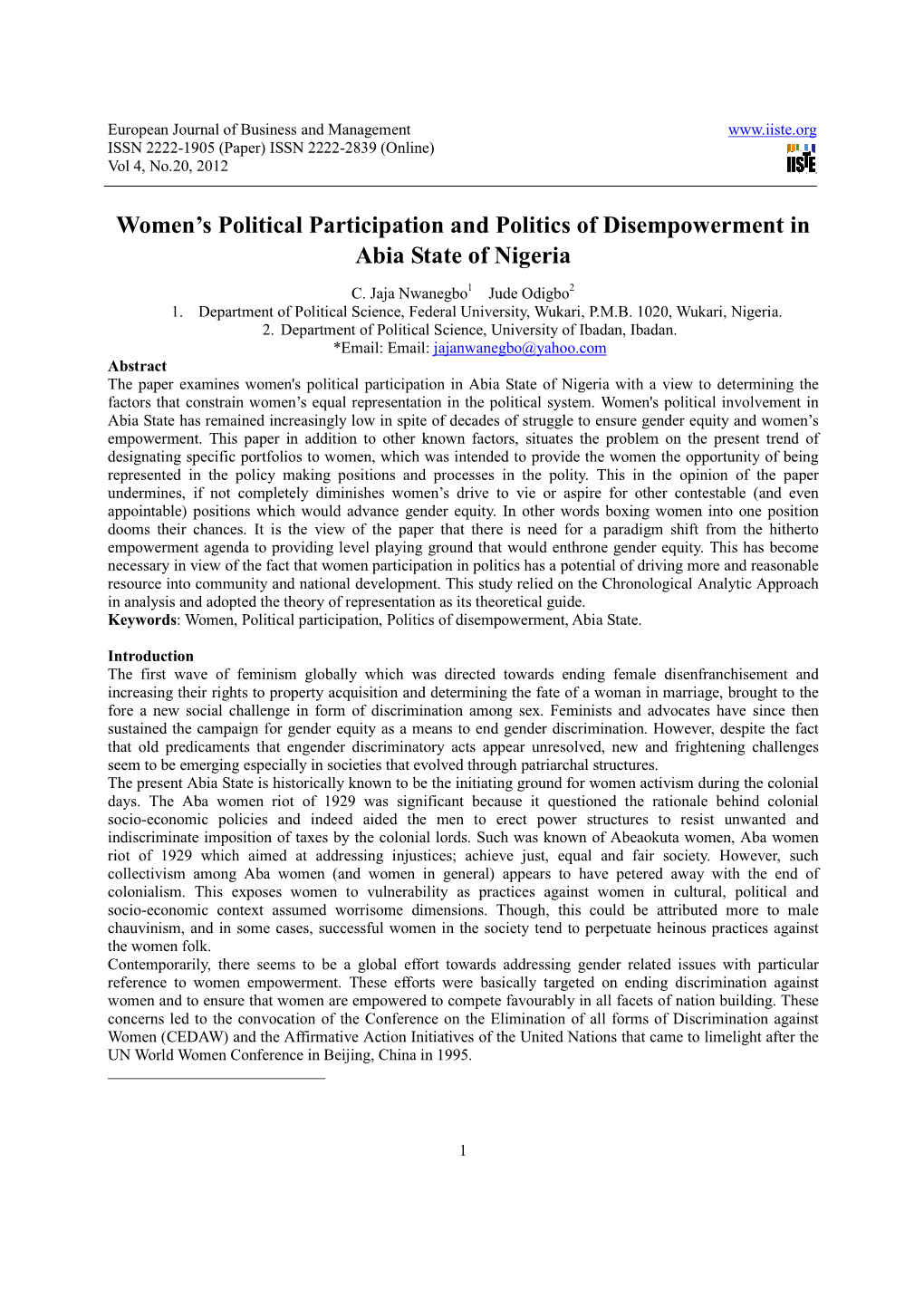 Women's Political Participation and Politics of Disempowerment in Abia