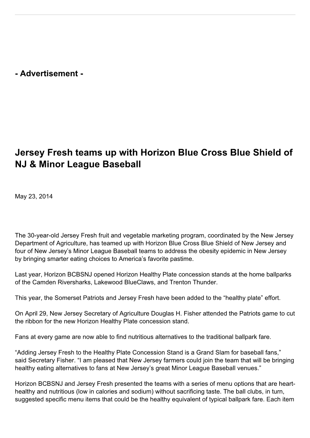 Jersey Fresh Teams up with Horizon Blue Cross Blue Shield of NJ & Minor League Baseball