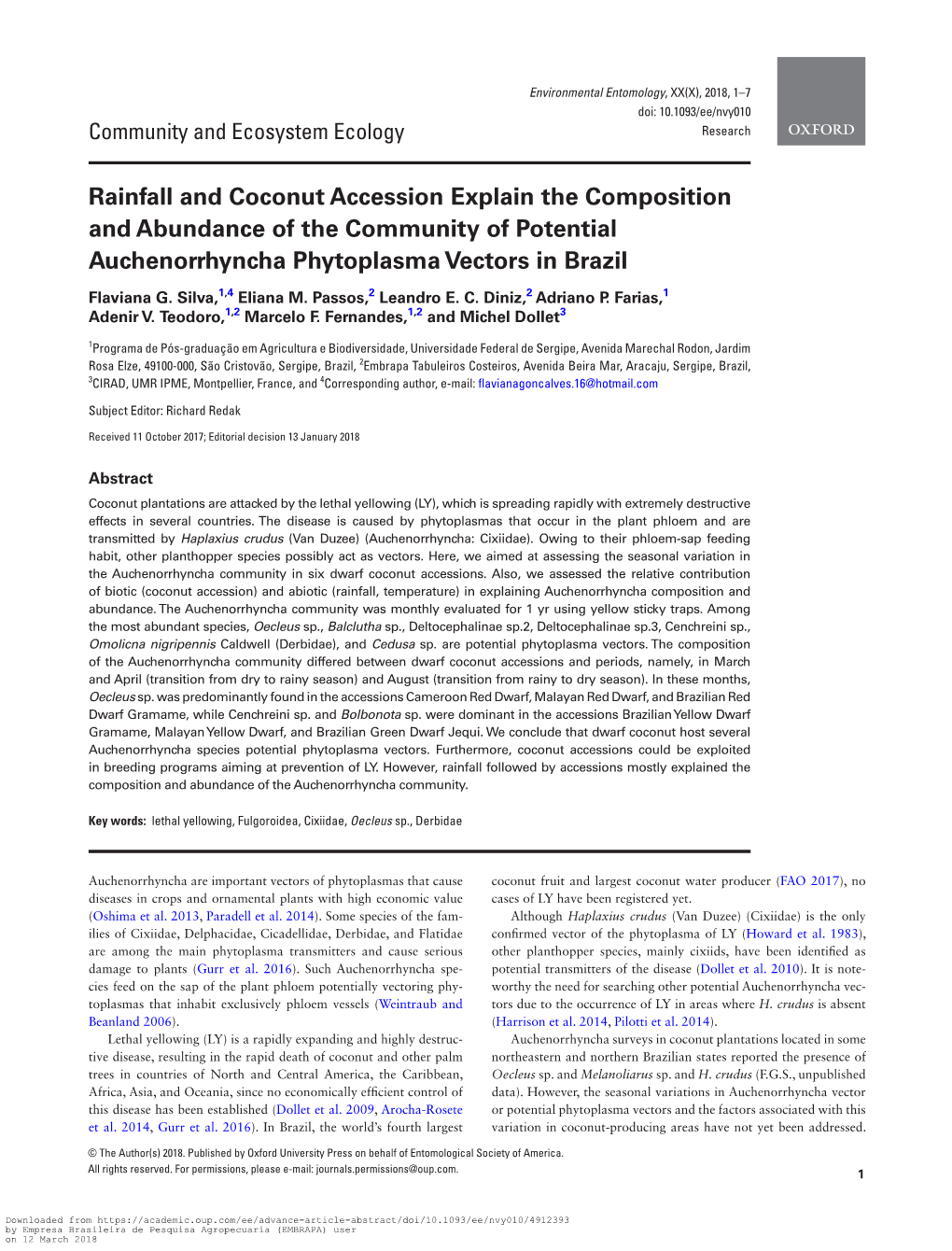 Rainfall and Coconut Accession Explain the Composition and Abundance of the Community of Potential Auchenorrhyncha Phytoplasma Vectors in Brazil