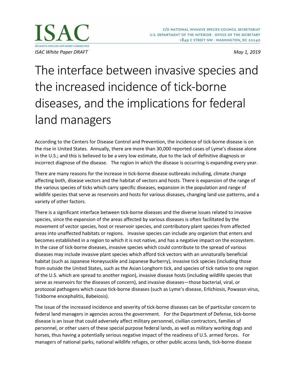 Draft ISAC White Paper: Invasive Species and Tick-Borne Diseases