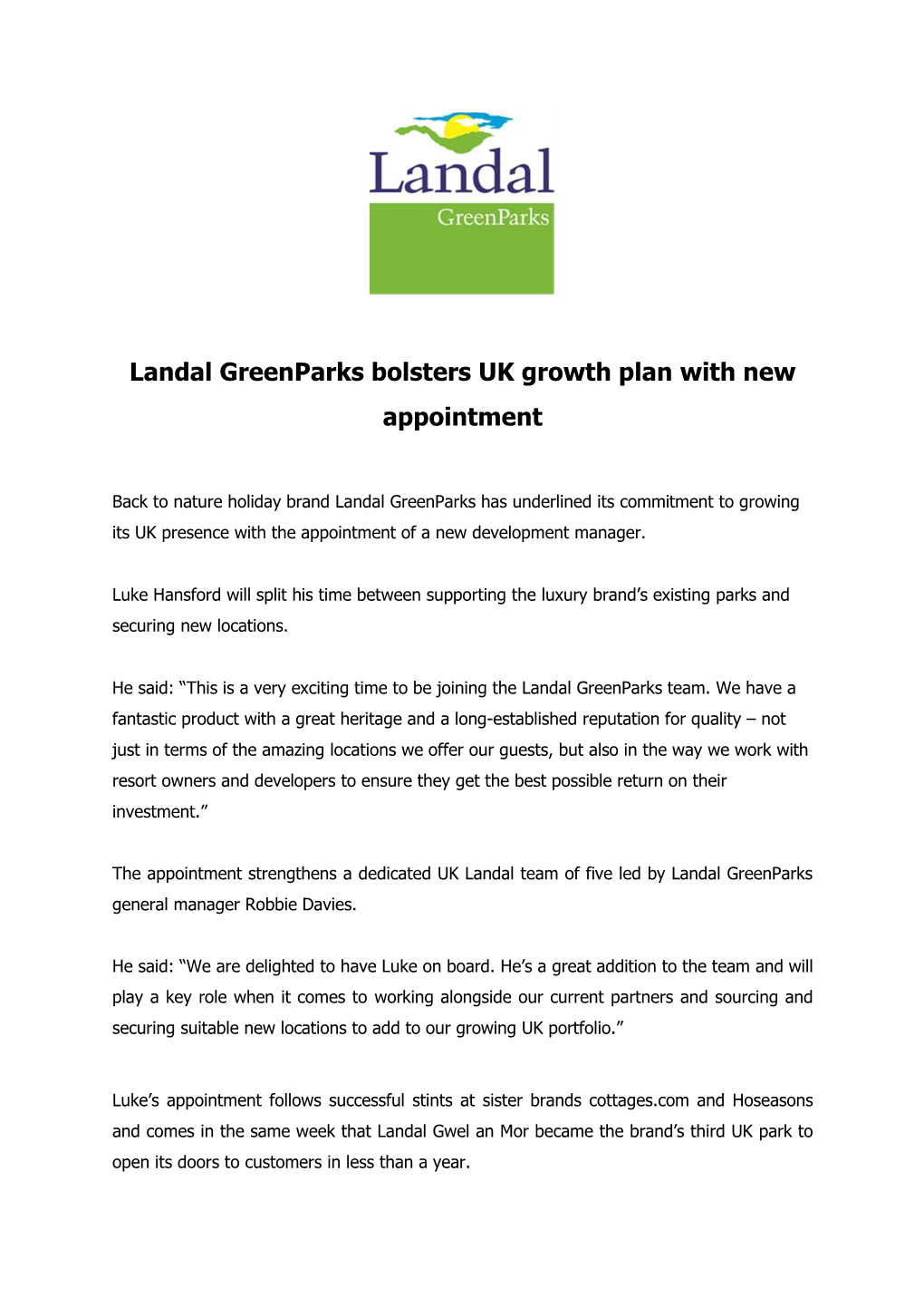 Landal Greenparks Bolsters UK Growth Plan with New Appointment