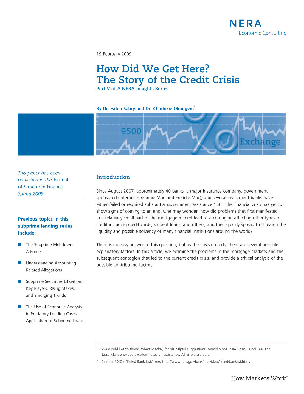 The Story of the Credit Crisis Part V of a NERA Insights Series