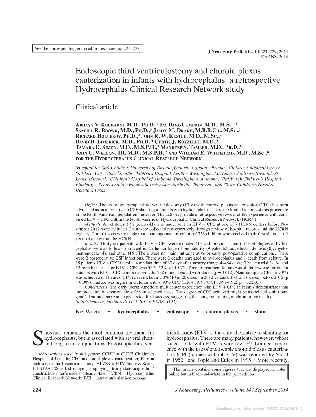 Endoscopic Third Ventriculostomy and Choroid Plexus Cauterization in Infants with Hydrocephalus: a Retrospective Hydrocephalus Clinical Research Network Study