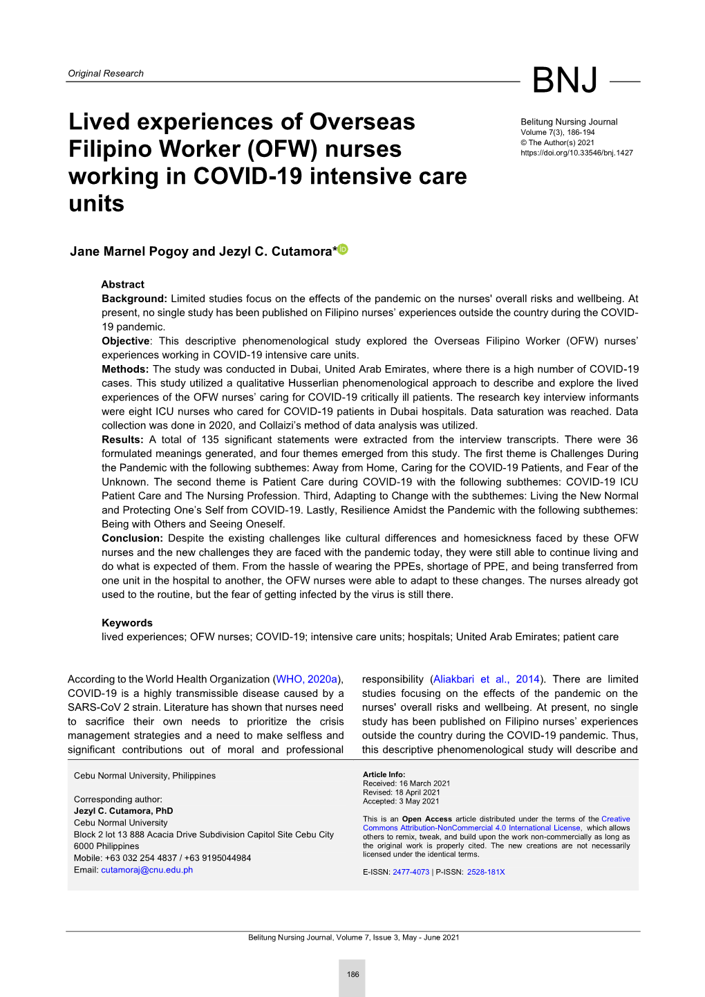 OFW) Nurses Working in COVID-19 Intensive Care Units