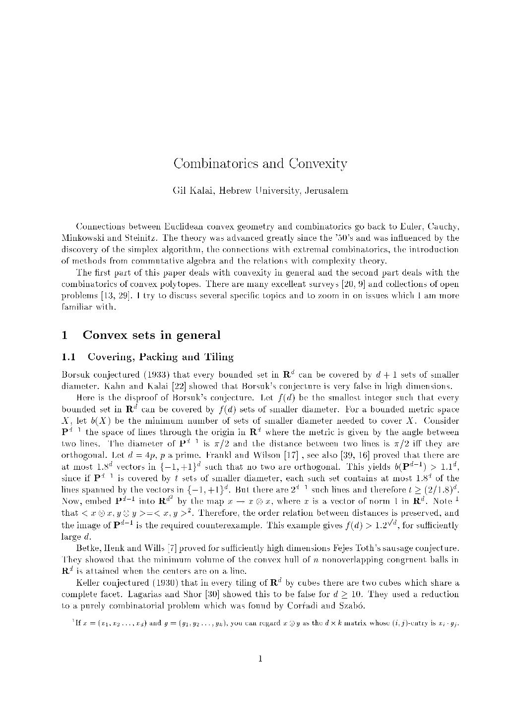 Combinatorics and Convexity 1 Convex Sets in General