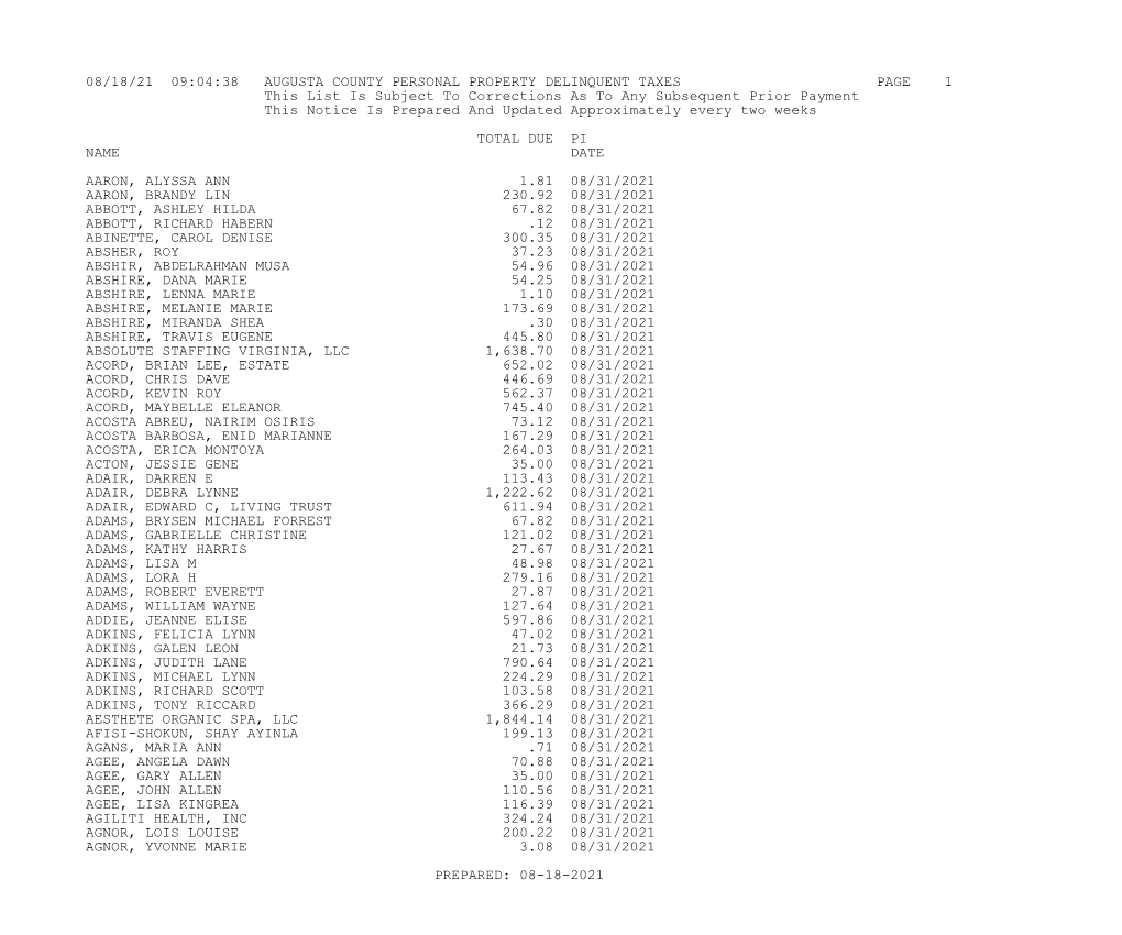 08/18/21 09:04:38 AUGUSTA COUNTY PERSONAL PROPERTY DELINQUENT TAXES PAGE 1 This List Is Subject to Corrections As to A