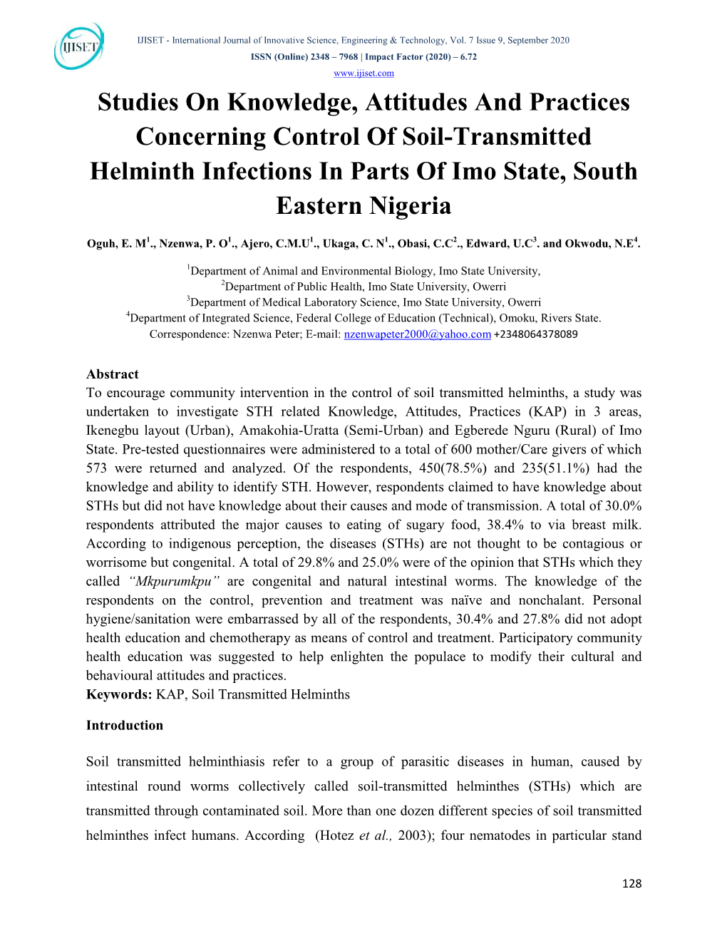 Studies on Knowledge, Attitudes and Practices Concerning Control of Soil-Transmitted Helminth Infections in Parts of Imo State, South Eastern Nigeria