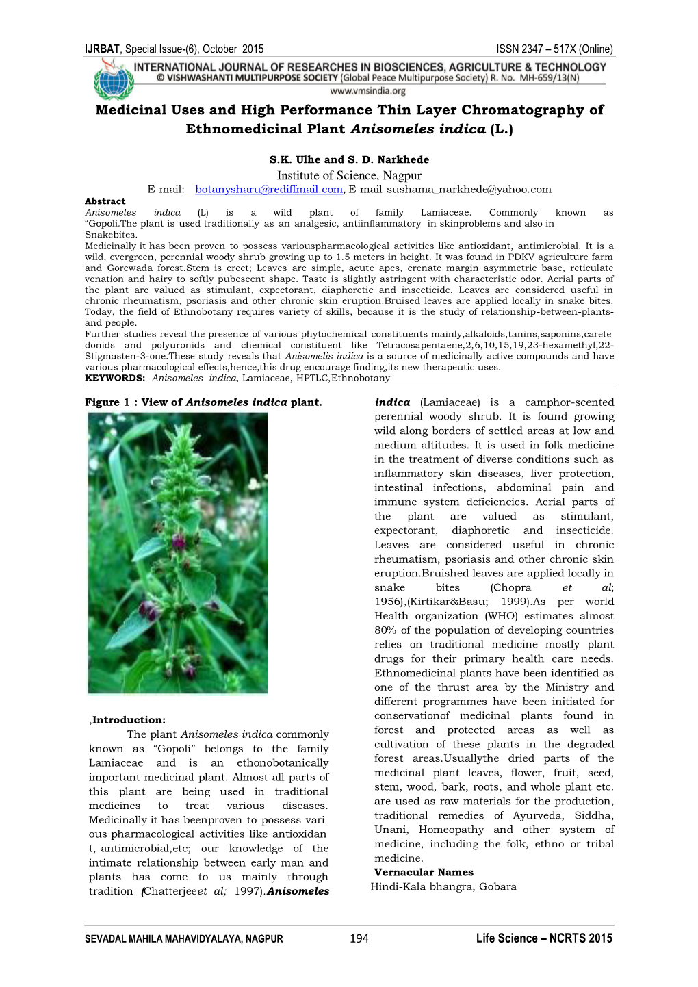 Medicinal Uses and High Performance Thin Layer Chromatography of Ethnomedicinal Plant Anisomeles Indica (L.)