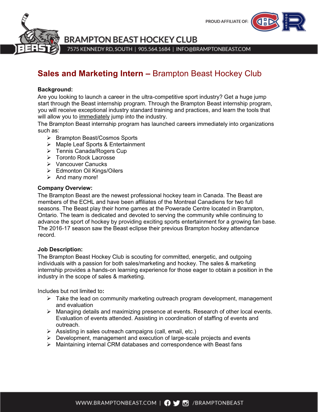 Sales and Marketing Intern – Brampton Beast Hockey Club