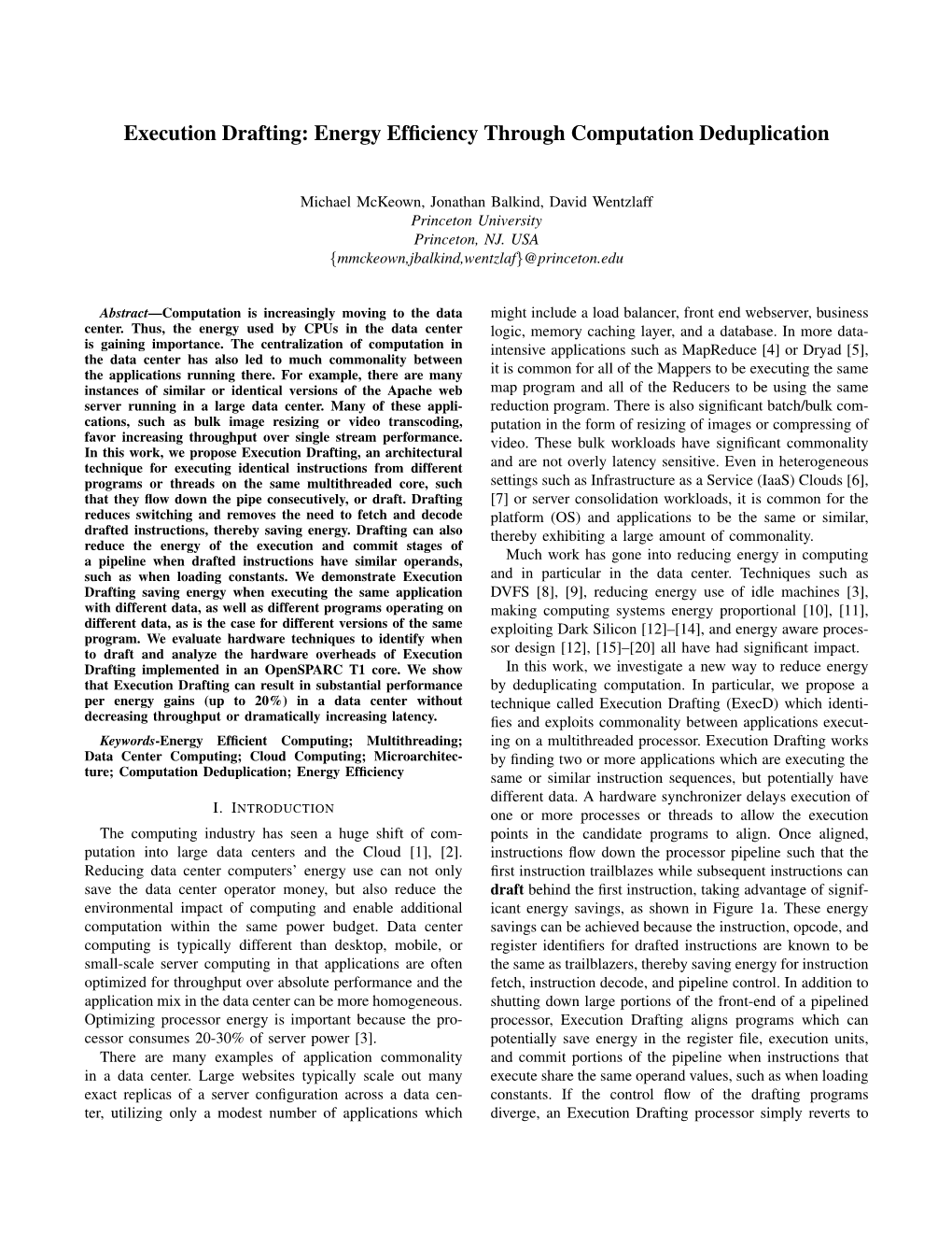 Execution Drafting: Energy Efficiency Through Computation Deduplication