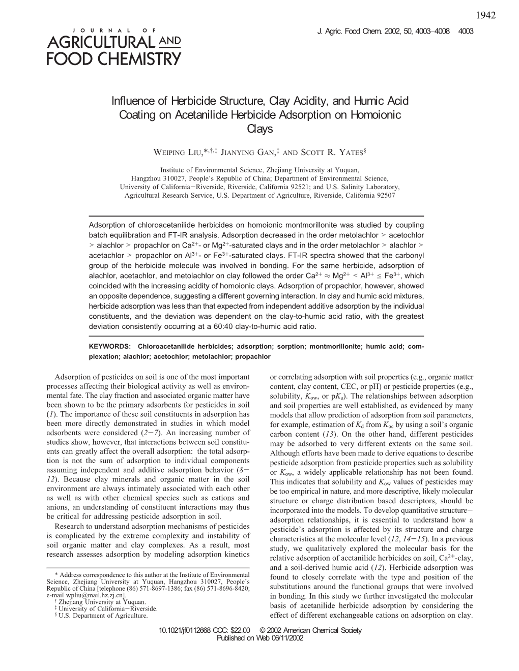 Influence of Herbicide Structure, Clay Acidity, and Humic Acid Coating on Acetanilide Herbicide Adsorption on Homoionic Clays