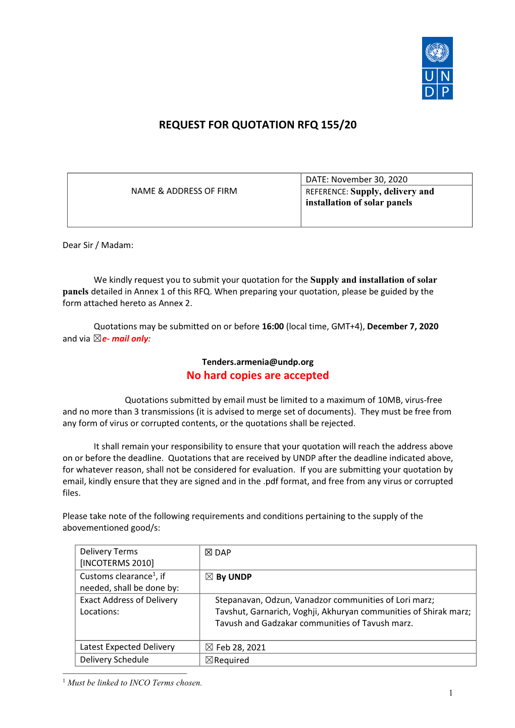 REQUEST for QUOTATION RFQ 155/20 No Hard Copies Are Accepted