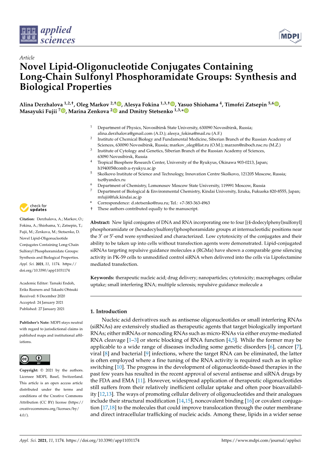 Novel Lipid-Oligonucleotide Conjugates Containing Long-Chain Sulfonyl Phosphoramidate Groups: Synthesis and Biological Properties