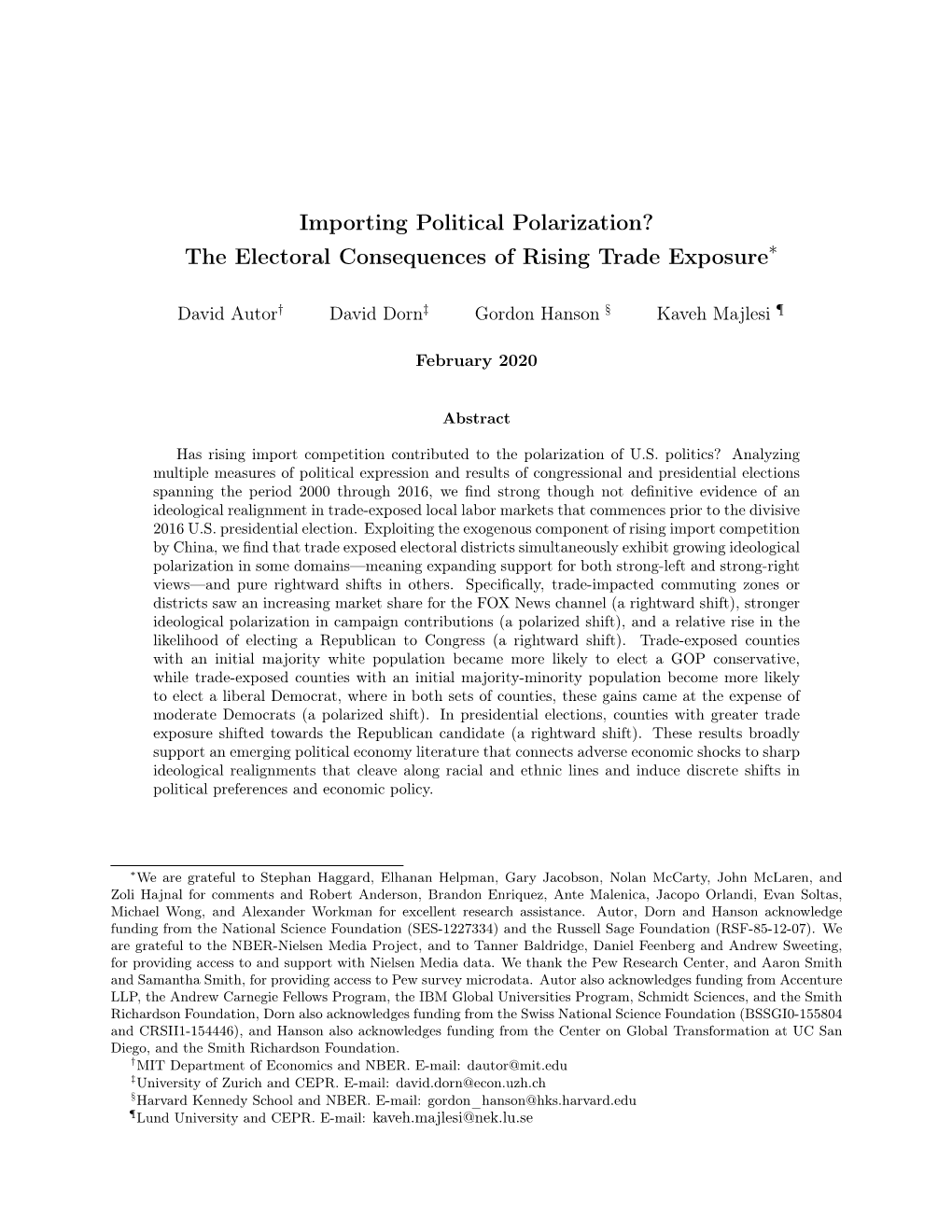 Importing Political Polarization? the Electoral Consequences of Rising Trade Exposure∗