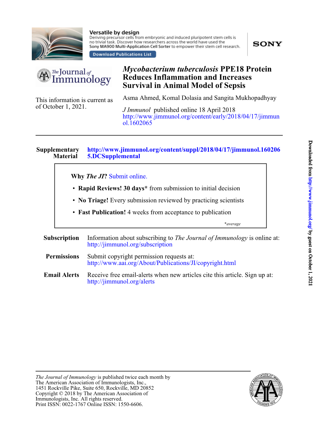 Mycobacterium Tuberculosis PPE18 Protein Reduces Inflammation and Increases Survival in Animal Model of Sepsis