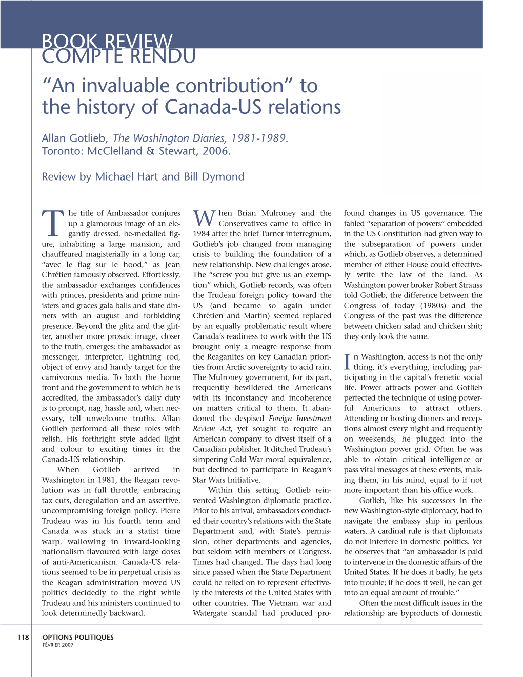 BOOK REVIEW COMPTE RENDU “An Invaluable Contribution” to the History of Canada-US Relations