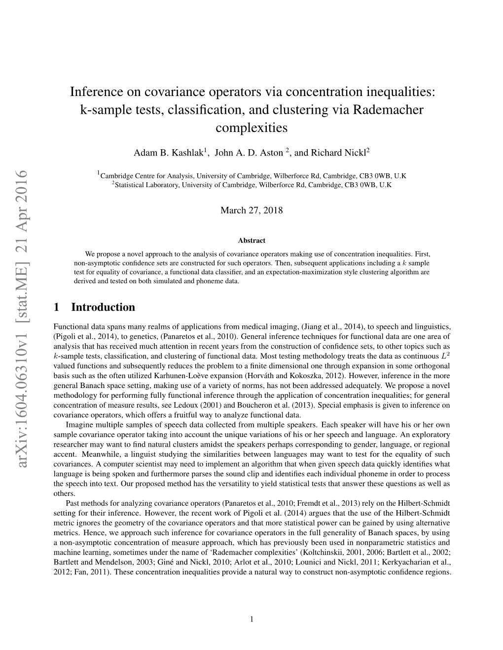 Inference on Covariance Operators Via Concentration Inequalities: K-Sample Tests, Classiﬁcation, and Clustering Via Rademacher Complexities