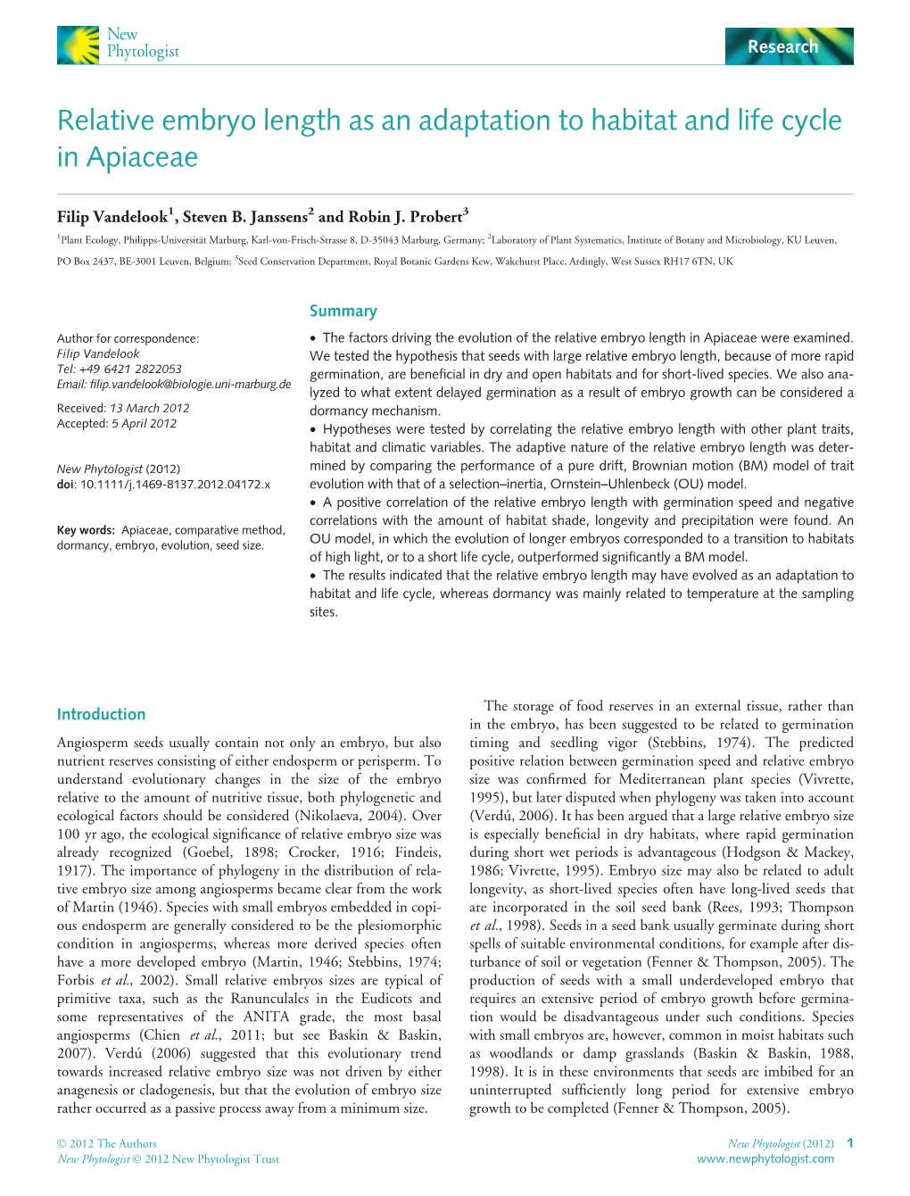 Relative Embryo Length As an Adaptation to Habitat and Life Cycle in Apiaceae