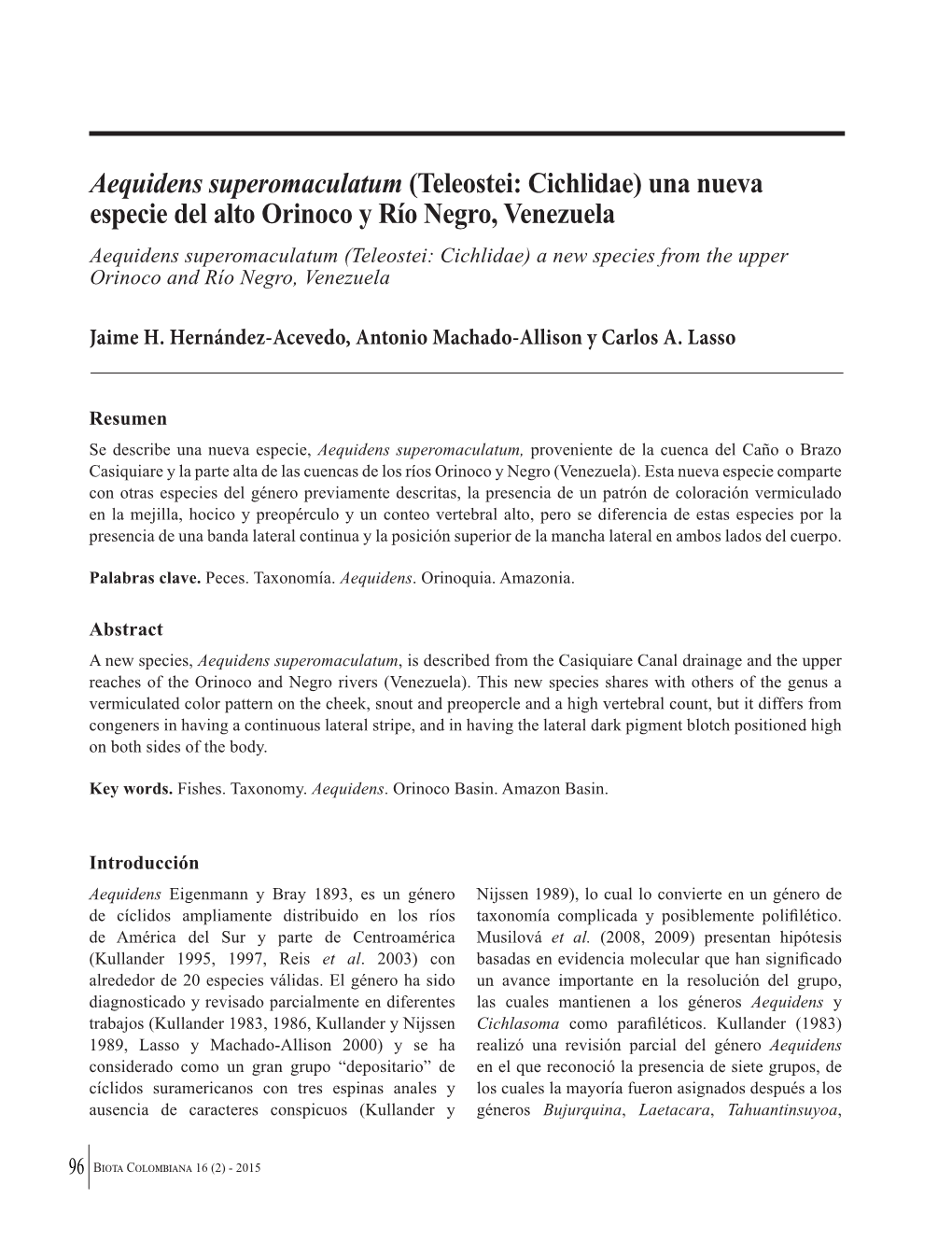 (Teleostei: Cichlidae) Una Nueva Especie Del Alto Orinoco Y Río