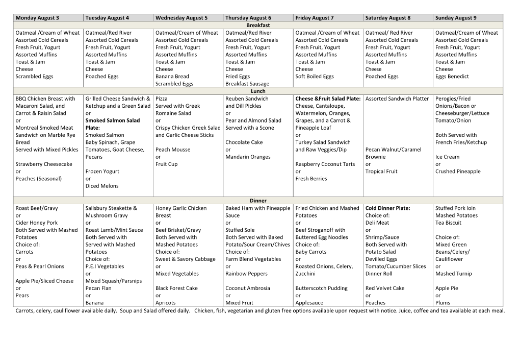 August 2020 Menu (Sunshine)