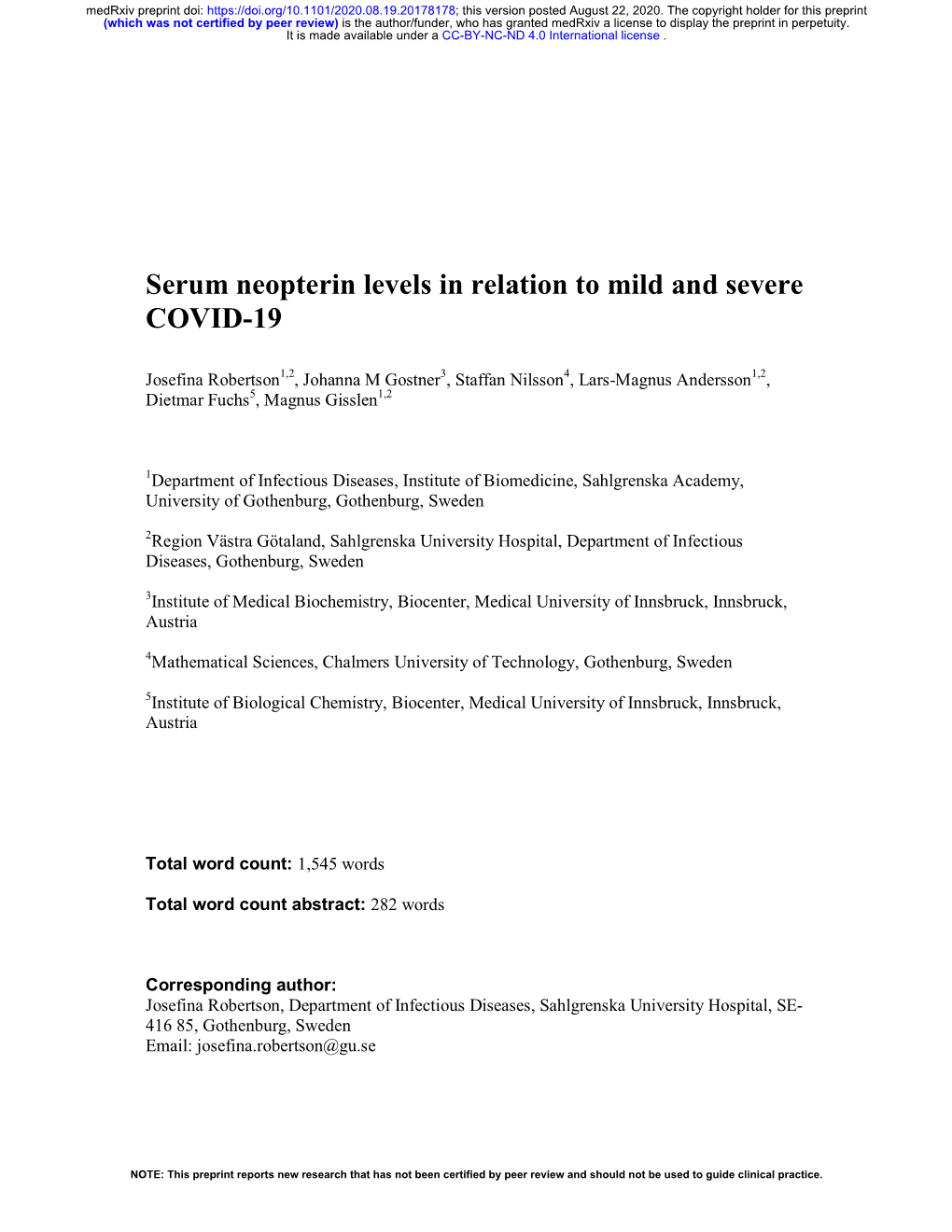 Serum Neopterin Levels in Relation to Mild and Severe COVID-19