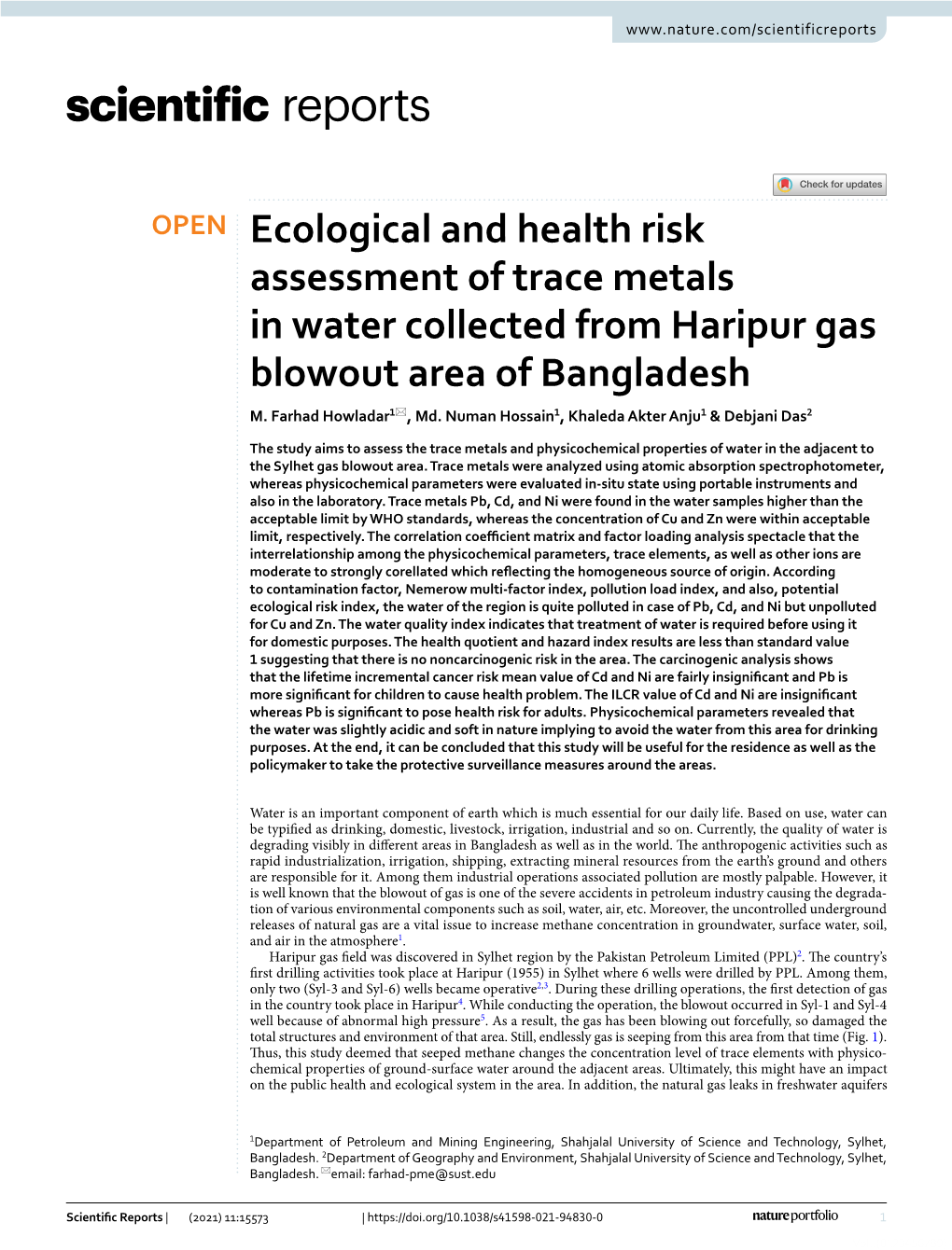 Ecological and Health Risk Assessment of Trace Metals in Water Collected from Haripur Gas Blowout Area of Bangladesh M