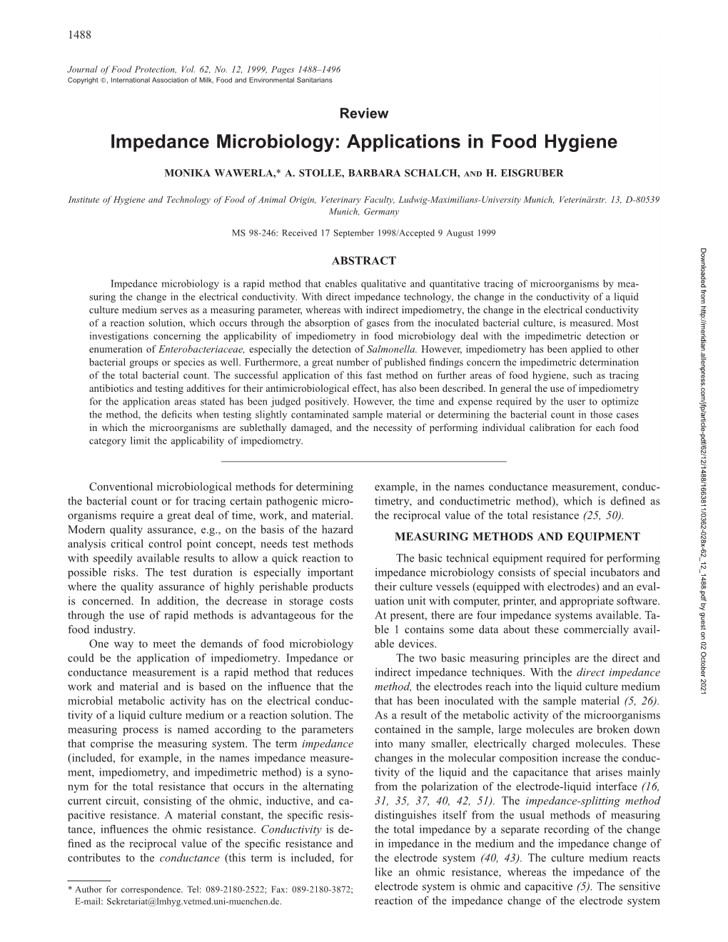 Impedance Microbiology: Applications in Food Hygiene