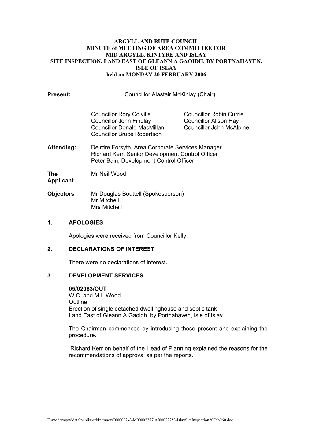 ARGYLL and BUTE COUNCIL MINUTE of MEETING of AREA