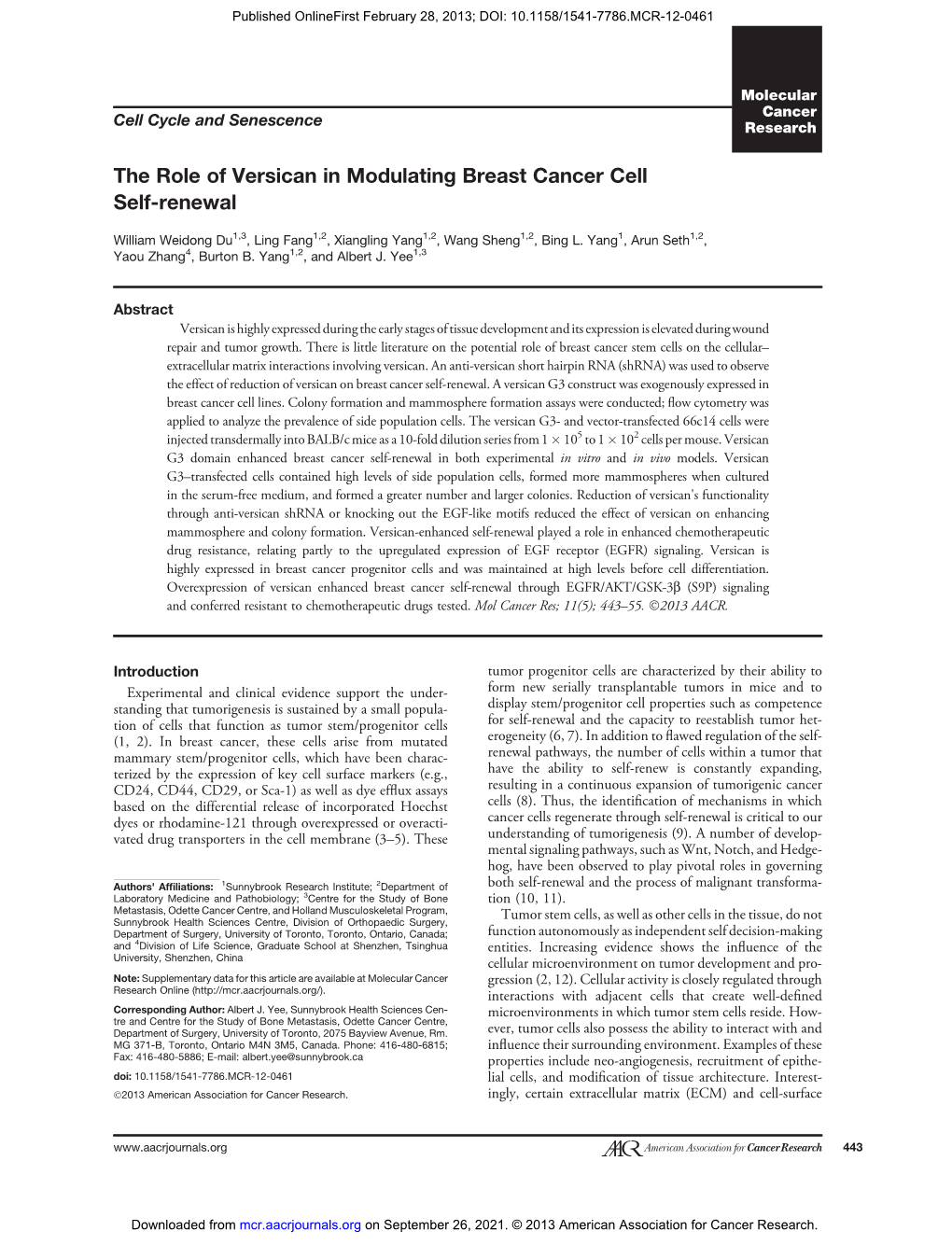 The Role of Versican in Modulating Breast Cancer Cell Self-Renewal