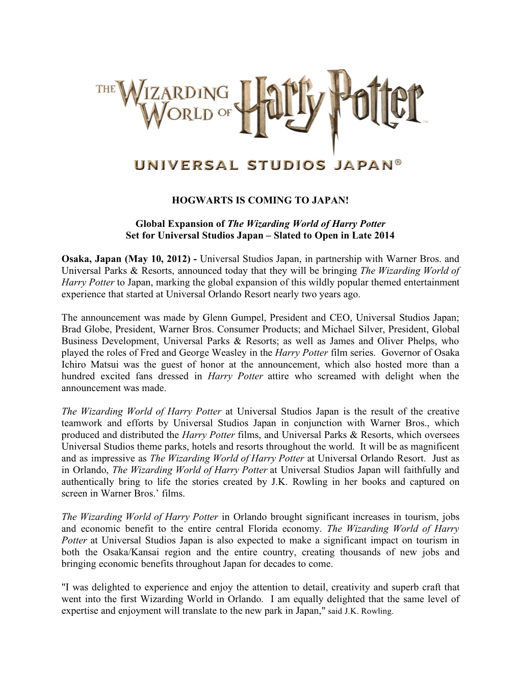 Global Expansion of the Wizarding World of Harry Potter Set for Universal Studios Japan – Slated to Open in Late 2014