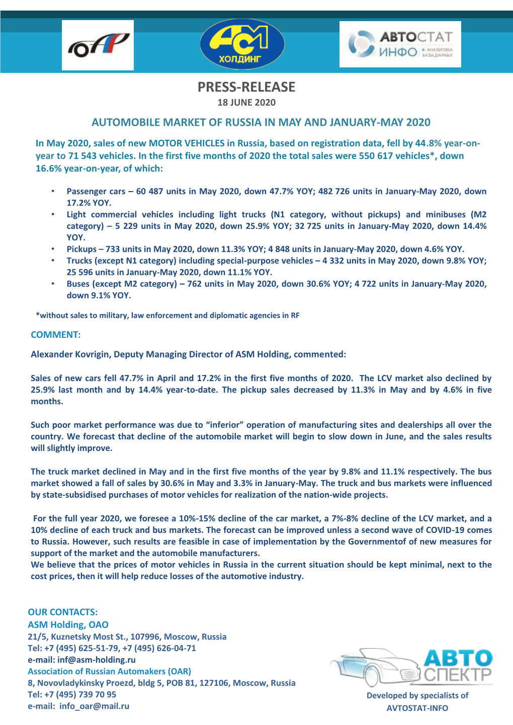 Passenger Cars – 60 487 Units in May 2020, Down 47.7% YOY; 482 726 Units in January-May 2020, Down 17.2% YOY