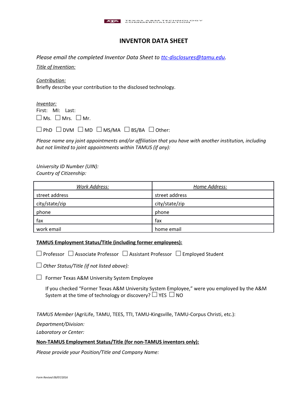 Please Email the Completed Inventor Data Sheet to