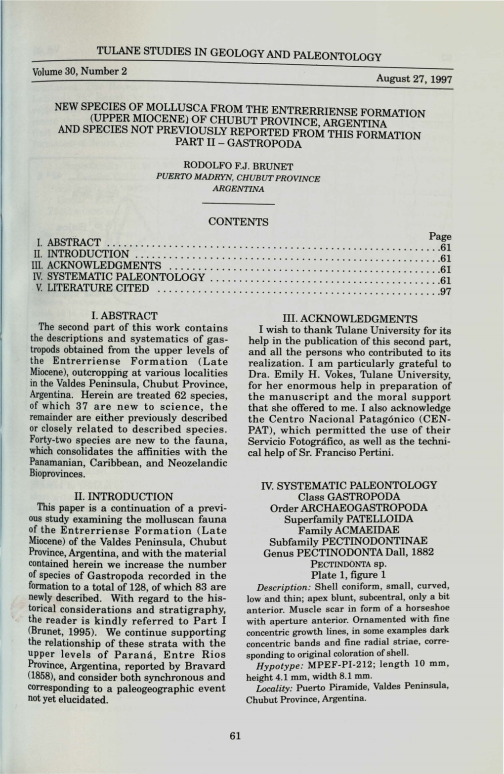 TULANE STUDIES in GEOLOGY and PALEONTOLOGY Volume 30, Number 2 August 27, 1997