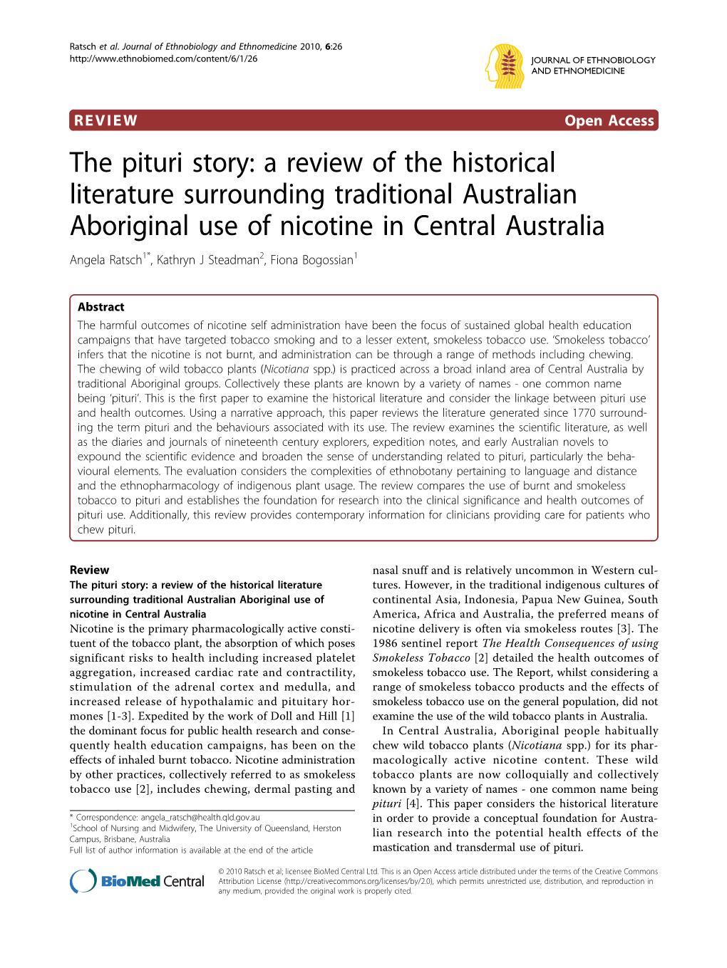 The Pituri Story: a Review of the Historical Literature Surrounding Traditional Australian Aboriginal Use of Nicotine in Central