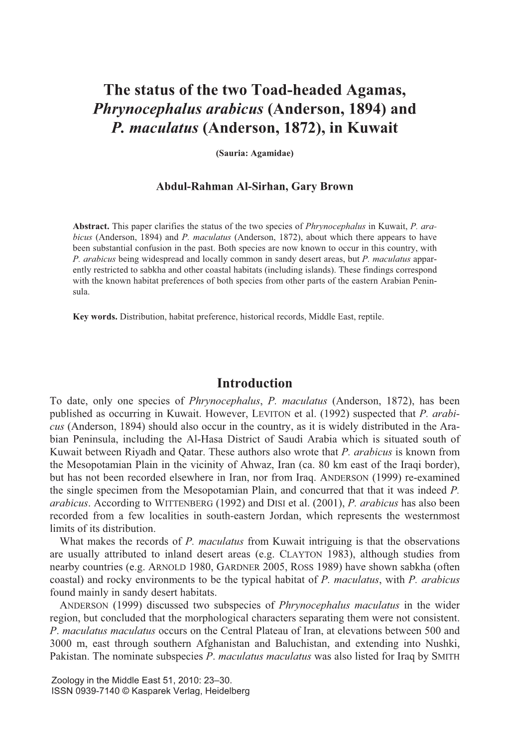 The Status of the Two Toad-Headed Agamas, Phrynocephalus Arabicus (Anderson, 1894) and P