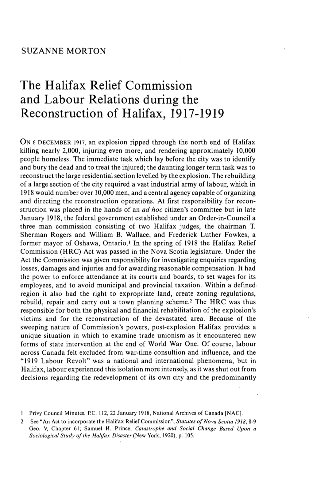 The Halifax Relief Commission and Labour Relations During the Reconstruction of Halifax, 1917-1919