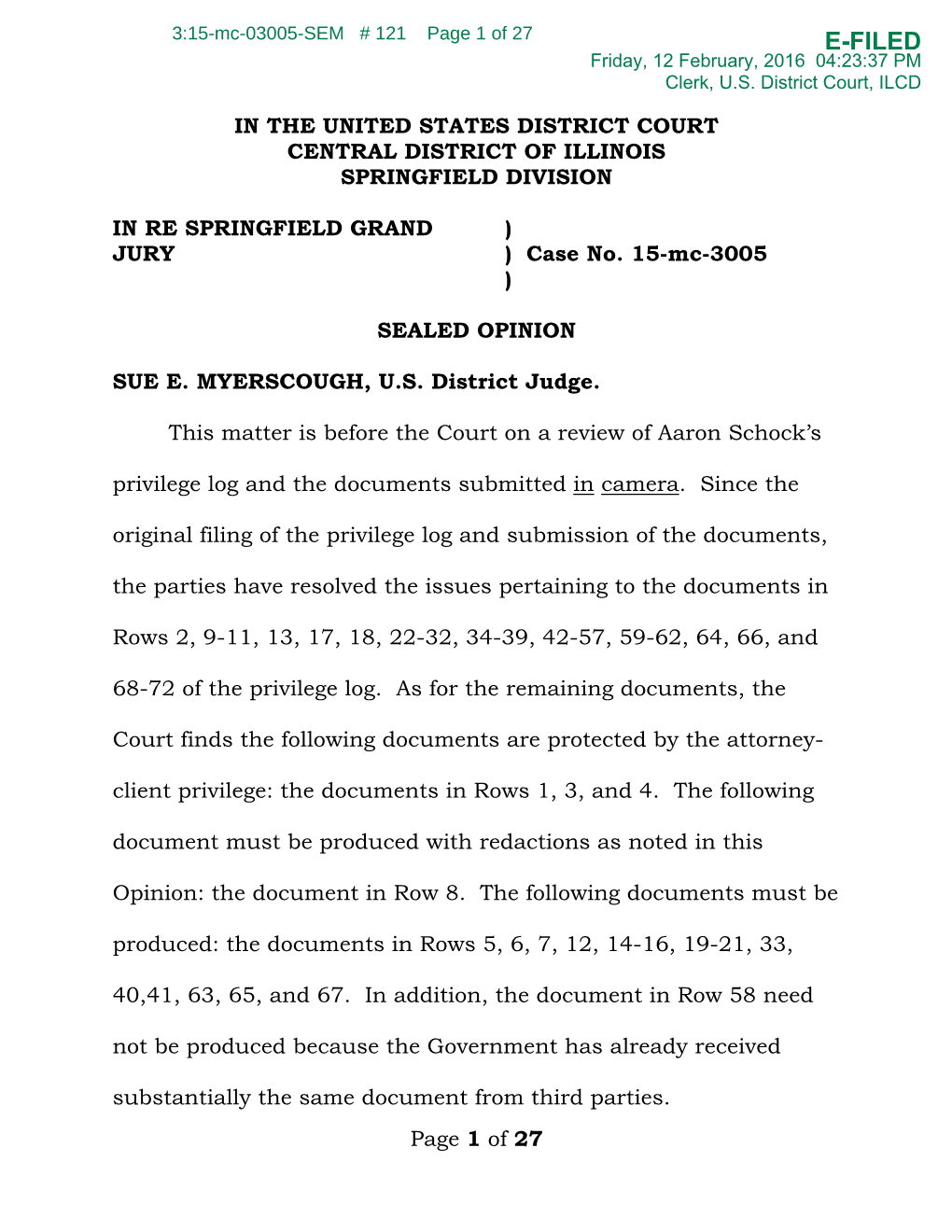 E-FILED Friday, 12 February, 2016 04:23:37 PM Clerk, U.S