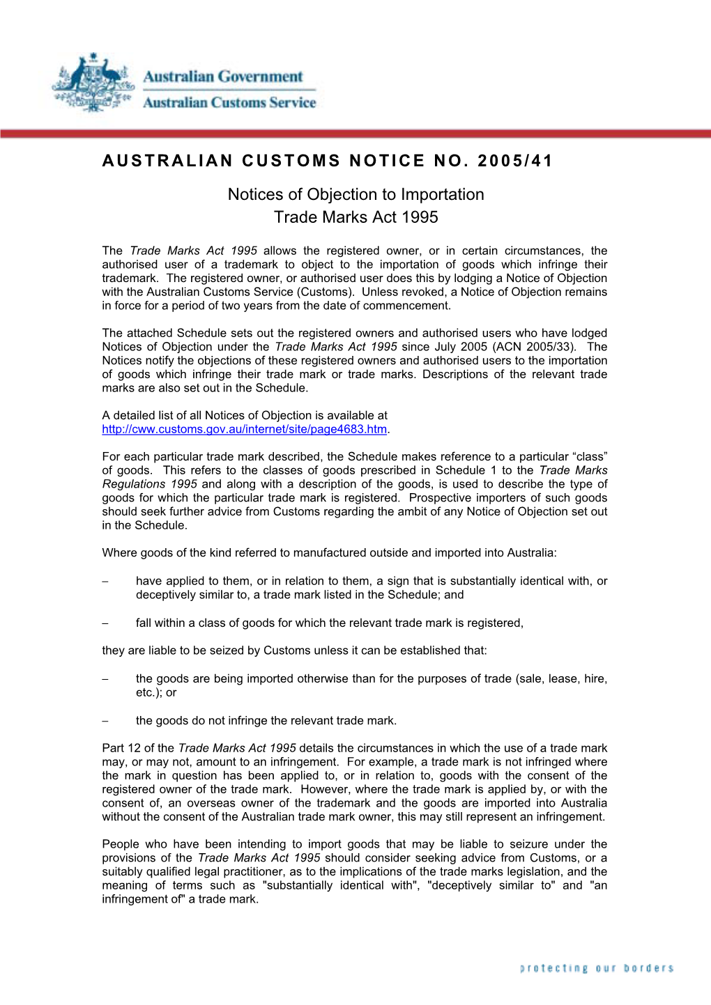 Australian Customs Notice No. 2005/41