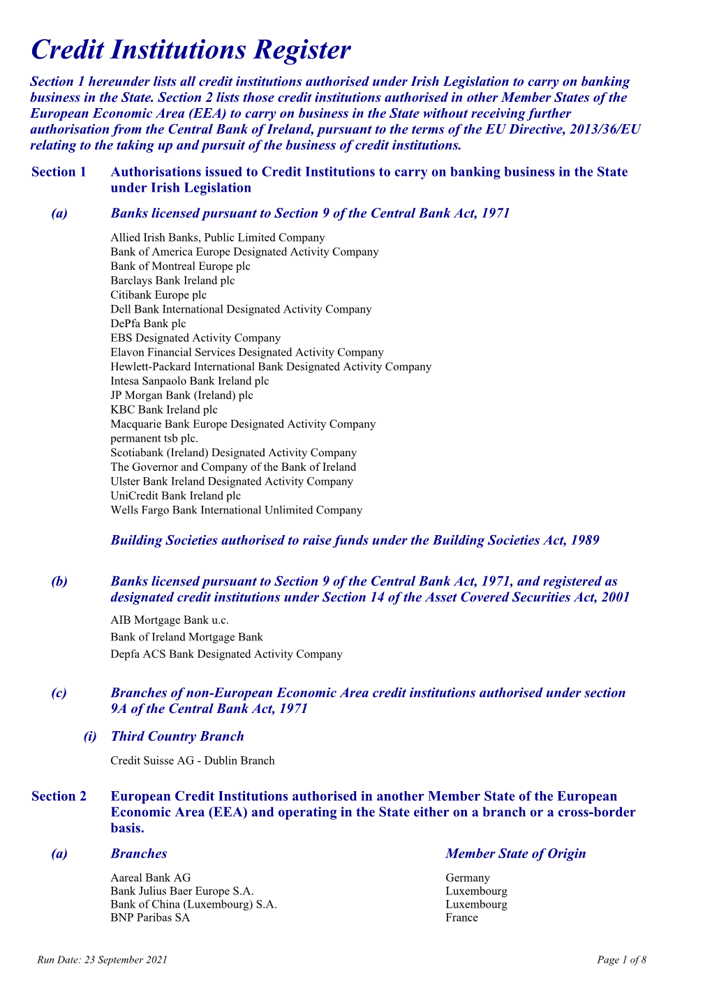 Credit Institutions Register Section 1 Hereunder Lists All Credit Institutions Authorised Under Irish Legislation to Carry on Banking Business in the State