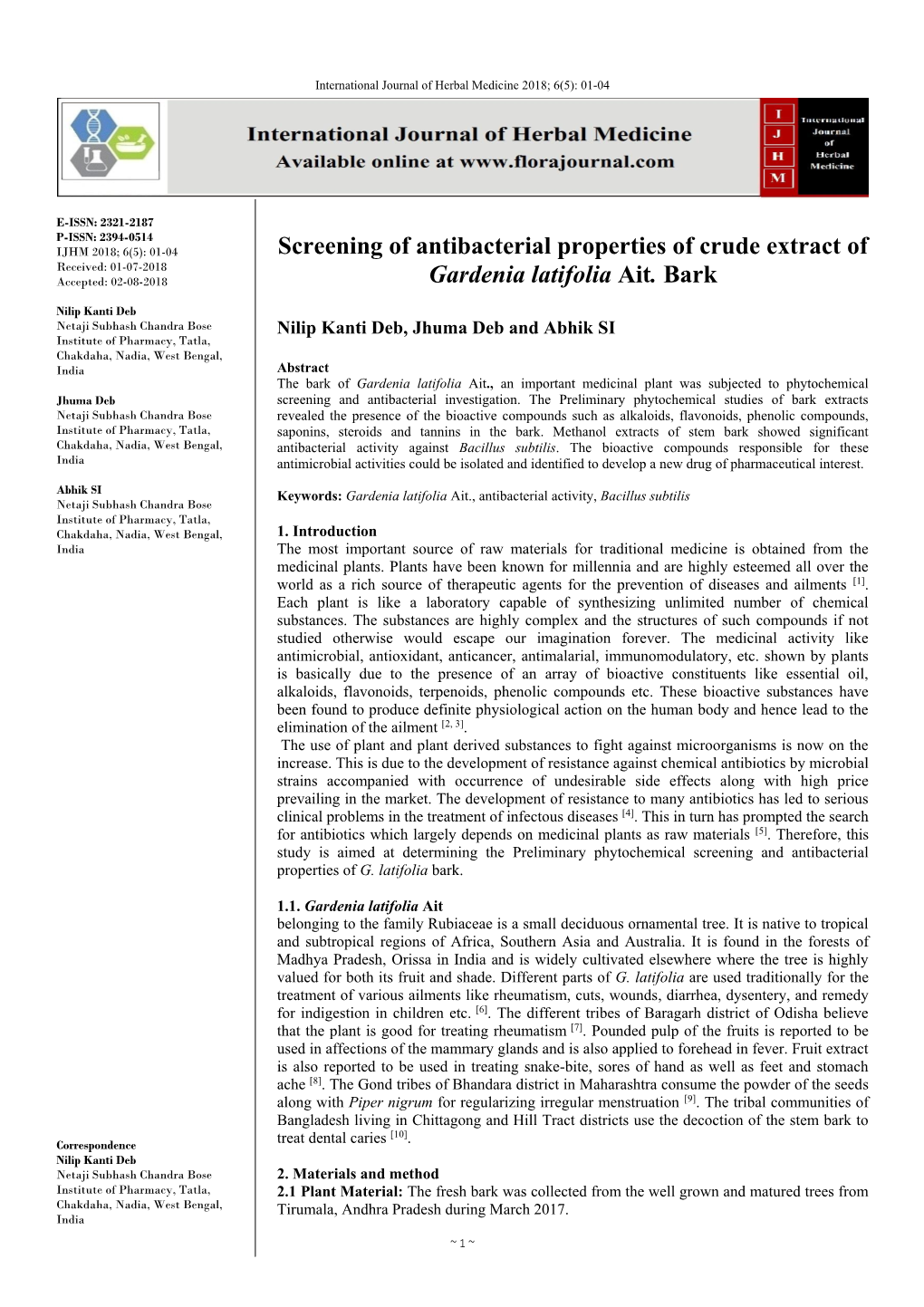 Screening of Antibacterial Properties of Crude Extract of Gardenia Latifolia Ait. Bark