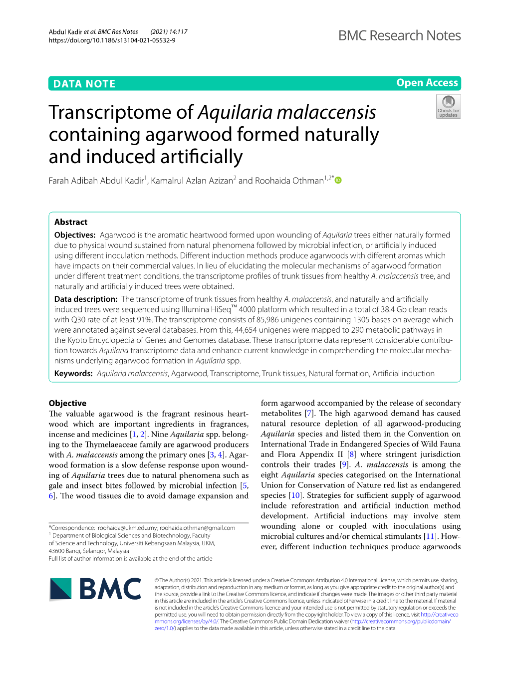 Transcriptome of Aquilaria Malaccensis Containing Agarwood