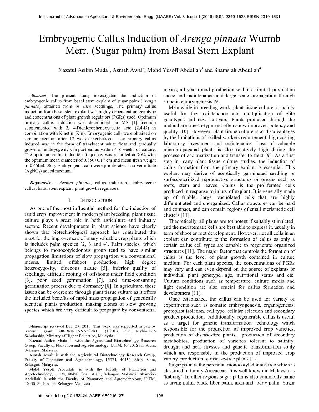 Embryogenic Callus Induction of Arenga Pinnata Wurmb Merr. (Sugar Palm) from Basal Stem Explant